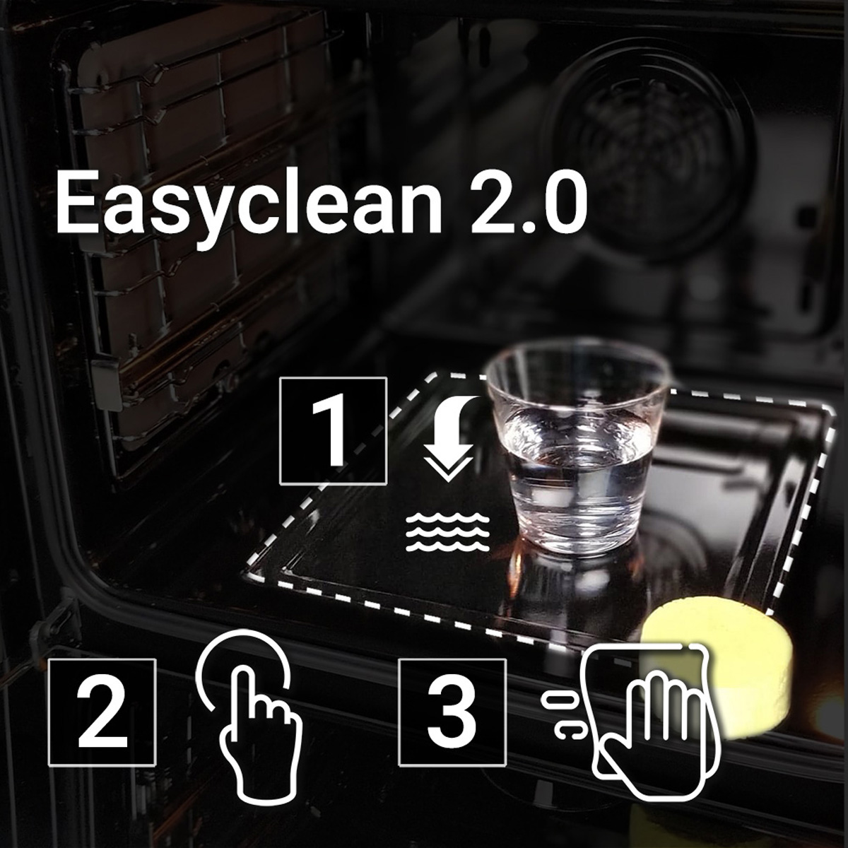 Anleitung zur Backofenreinigung: Wasser in die Schale geben, Programm starten und mit einem Schwamm auswischen.