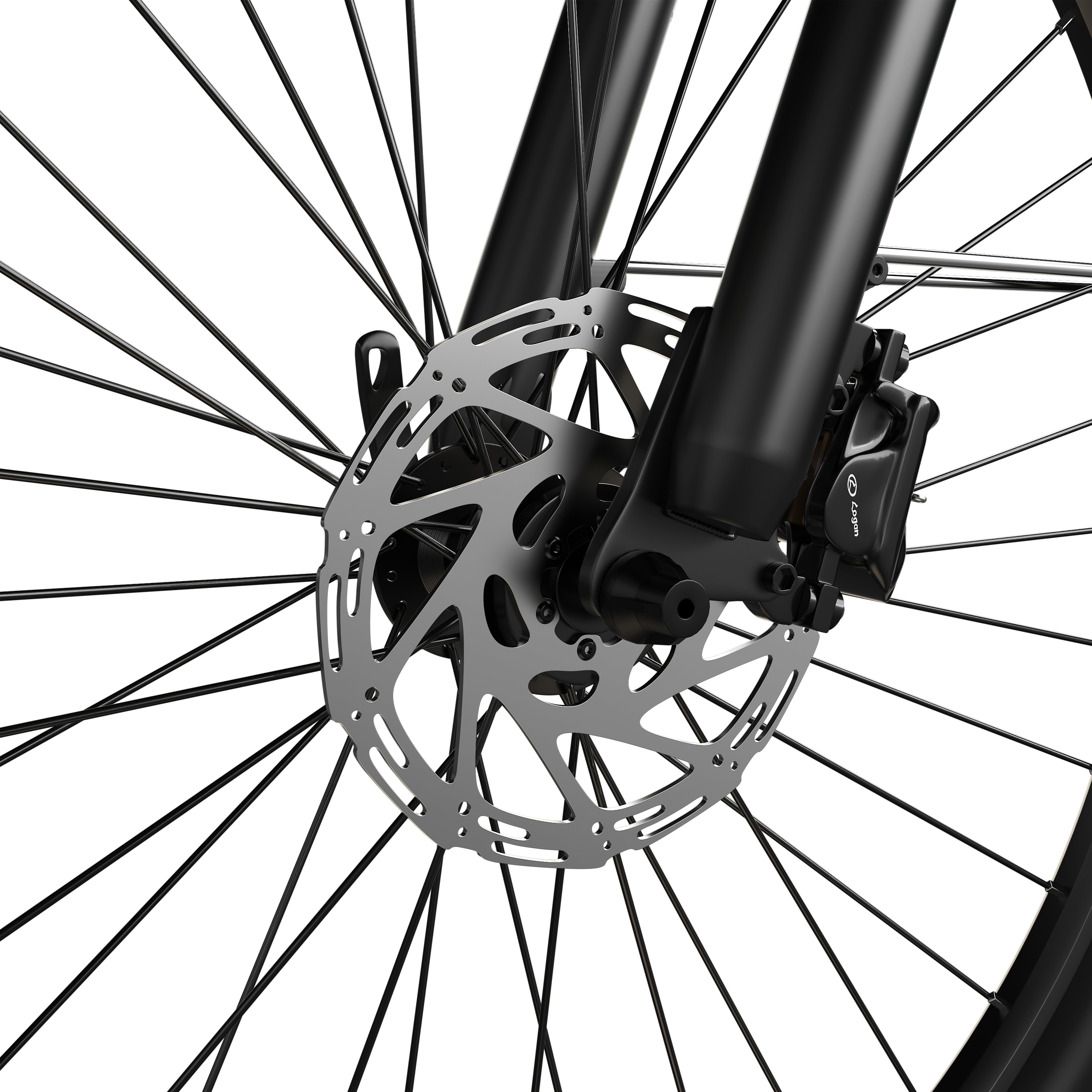 Nahaufnahme einer schwarzen Fahrrad-Scheibenbremse mit silbernem Rotor und Speichen.