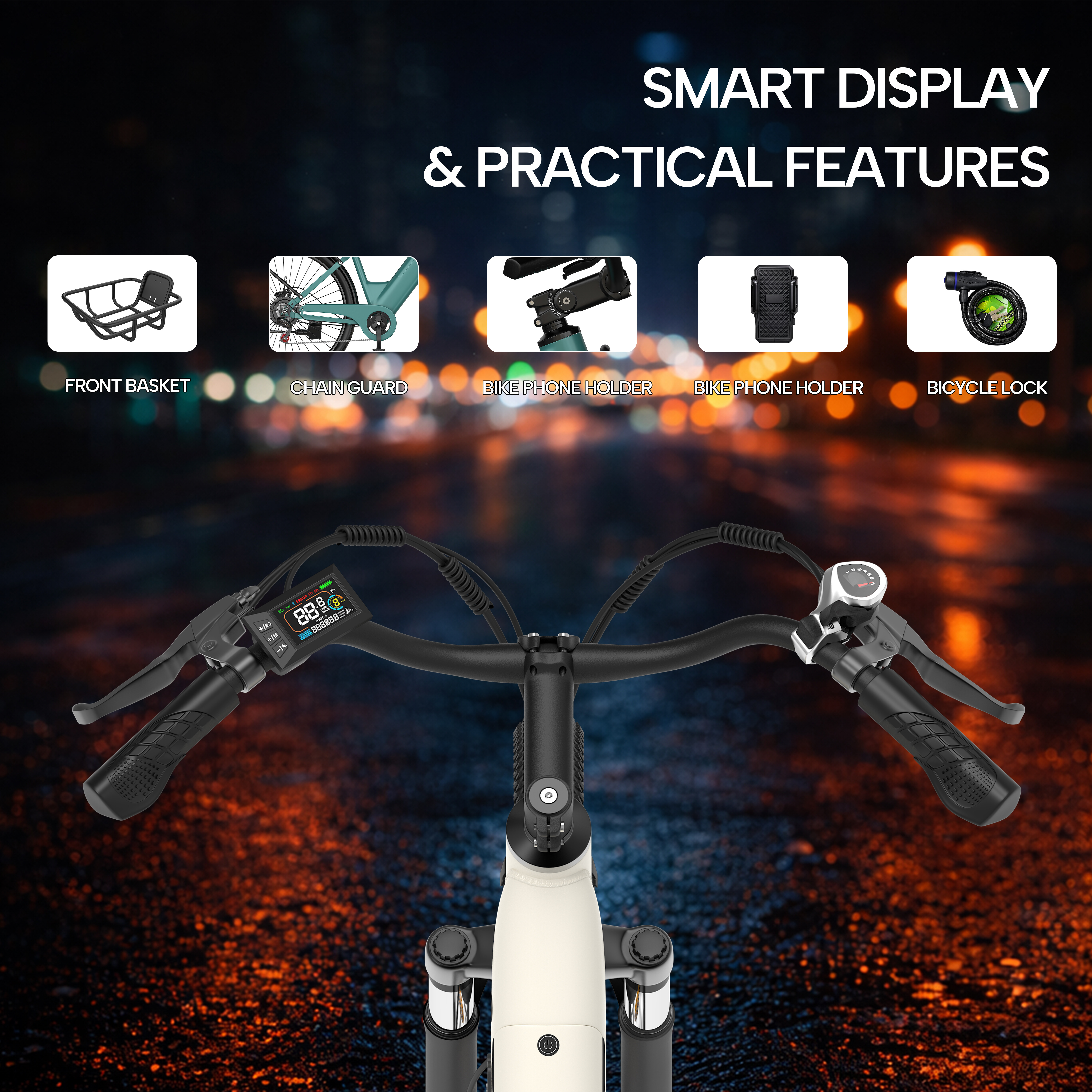 Fahrradlenker mit Digitaldisplay und kleinen Bildern von Zubehörteilen im Hintergrund.