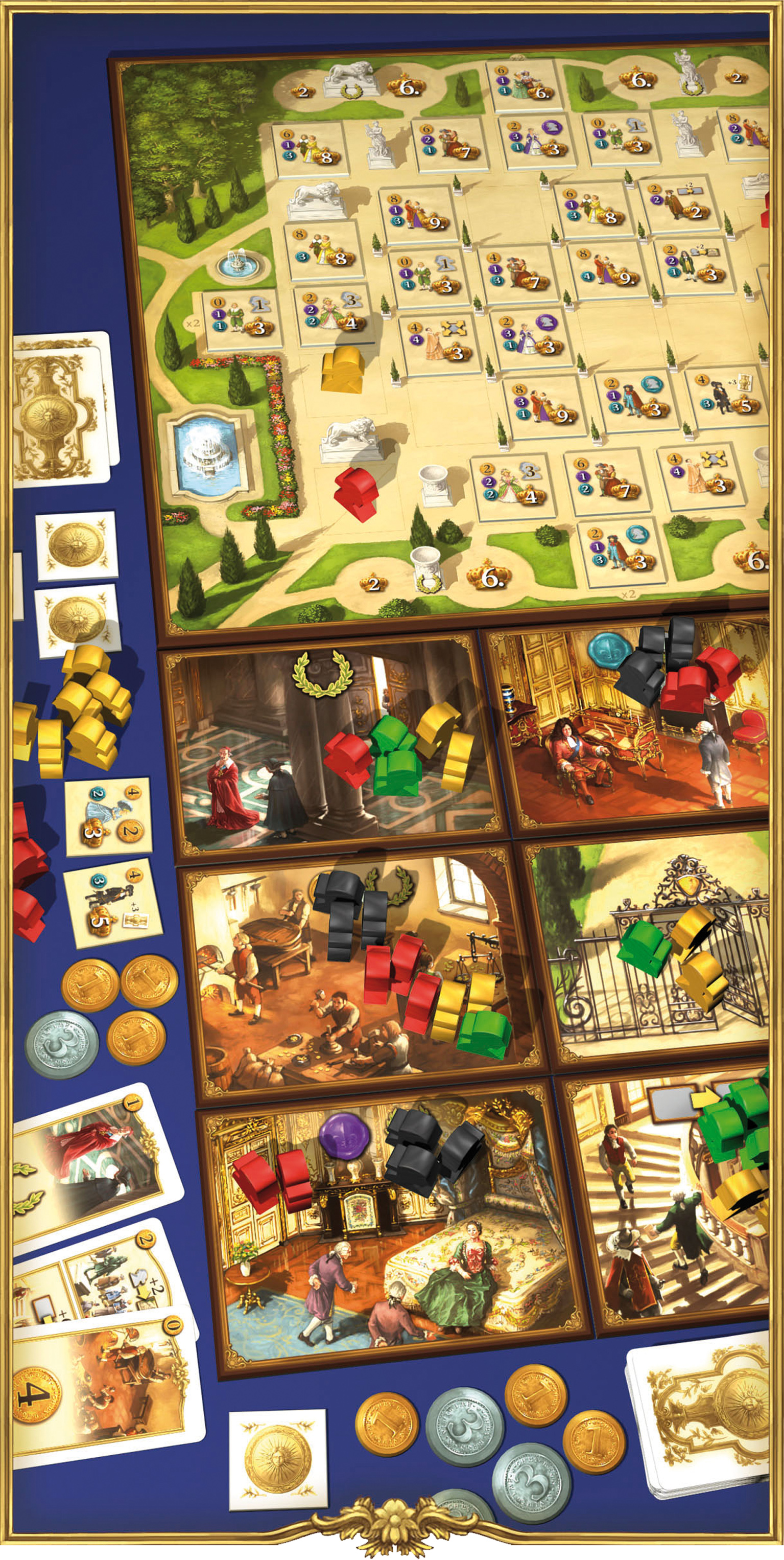 Ein farbenfrohes Brettspiel mit Karten, Münzen und Holzfiguren, das einen Palast und Gärten darstellt.