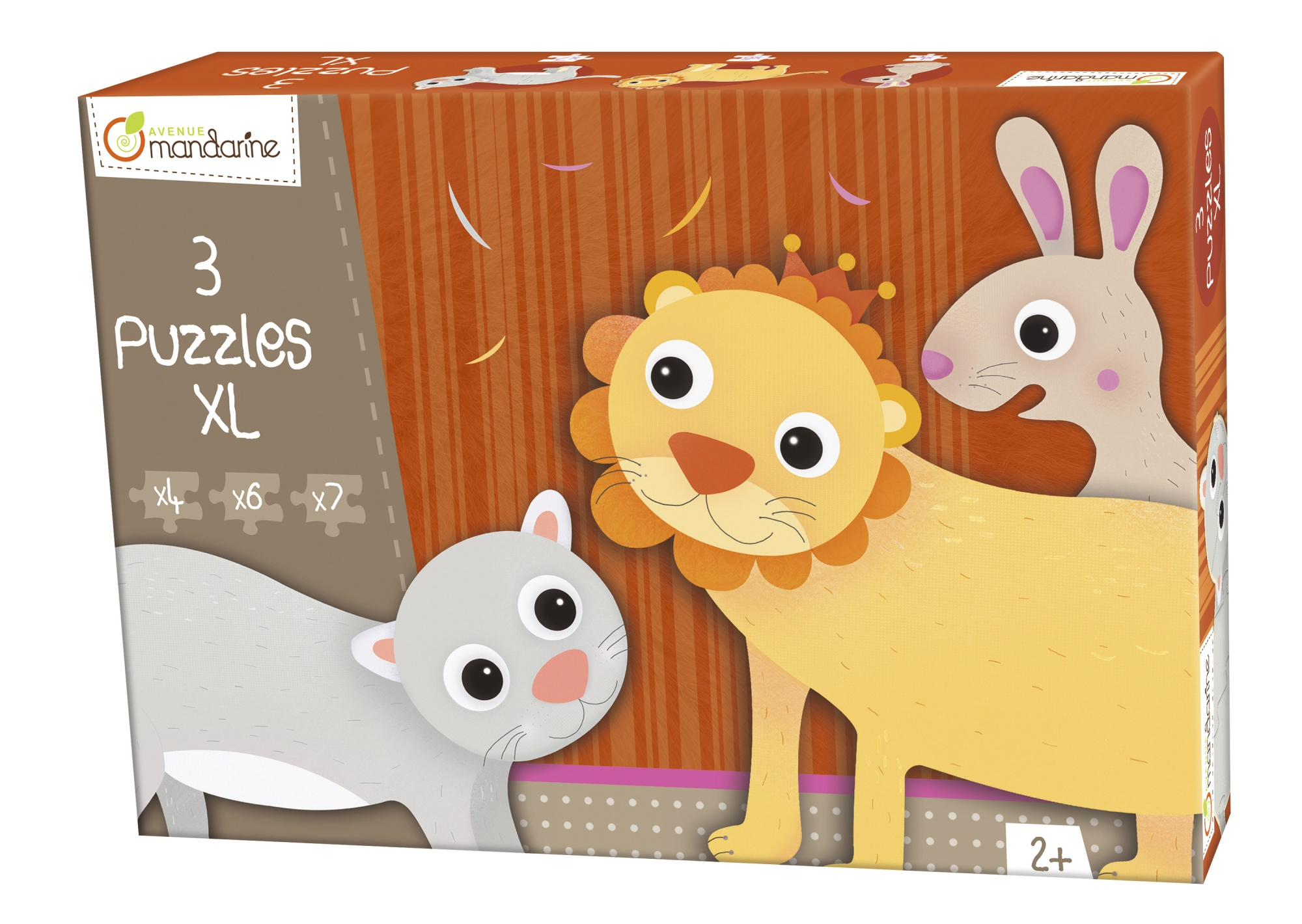 Verpackung von Avenue Mandarine mit drei XL-Puzzles für Kinder ab zwei Jahren und Tierillustrationen.