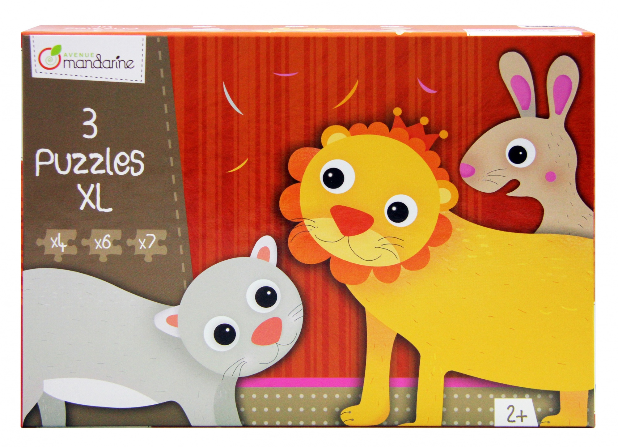 Spielzeugkarton mit Illustrationen von einer grauen Katze, einem Löwen und einem Hasen vor rotem Hintergrund.