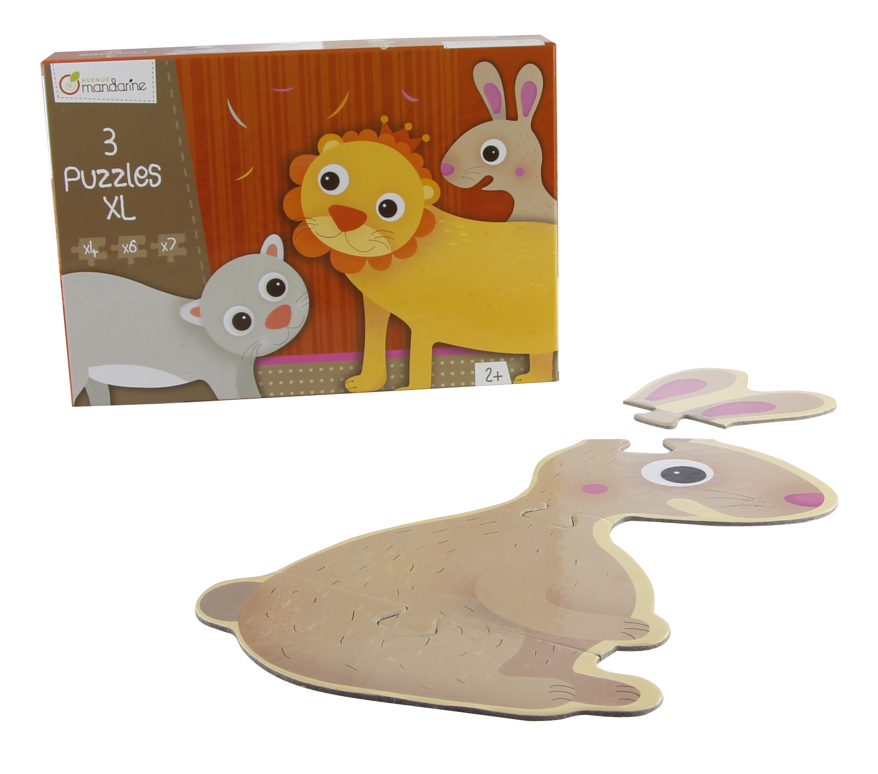 Ein Kinderpuzzle in einer Schachtel mit Tiermotiven und einigen fertigen Puzzleteilen davor.