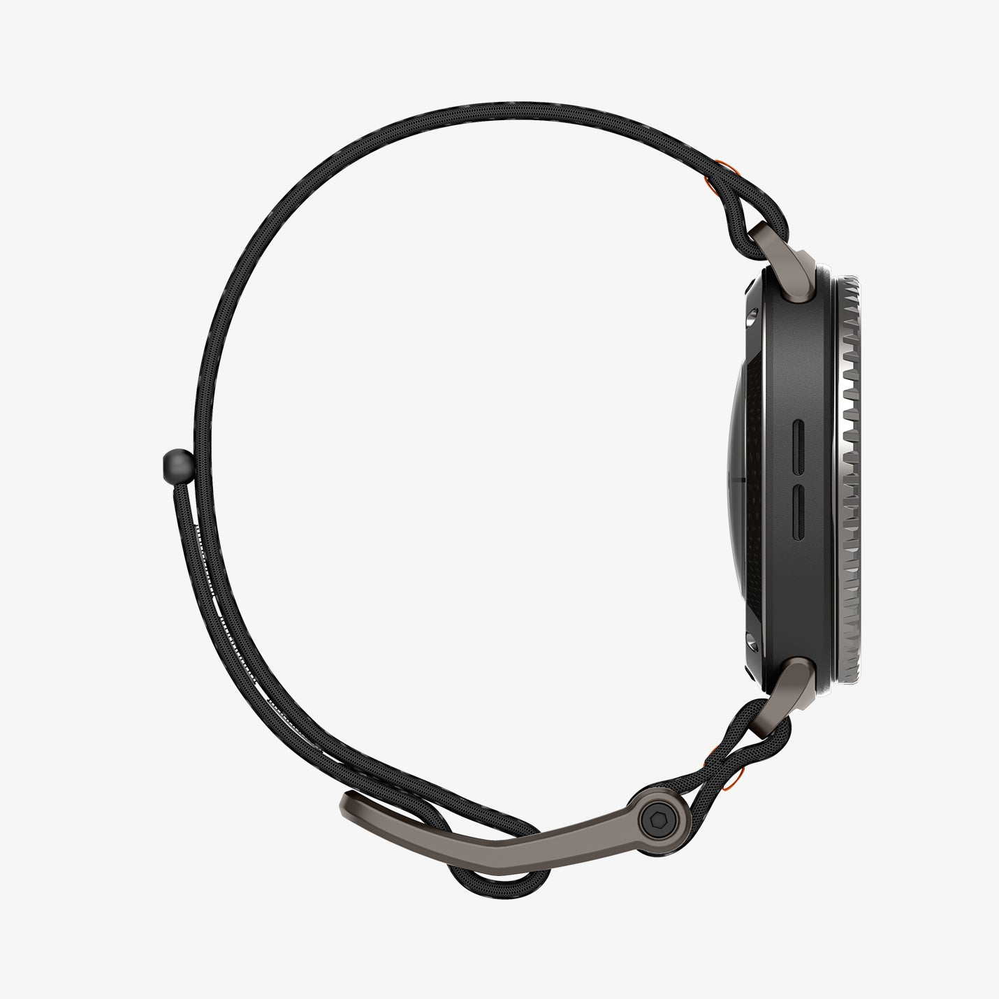 Vista laterale di uno smartwatch nero con cinturino in tessuto intrecciato e pulsanti metallici su sfondo bianco.