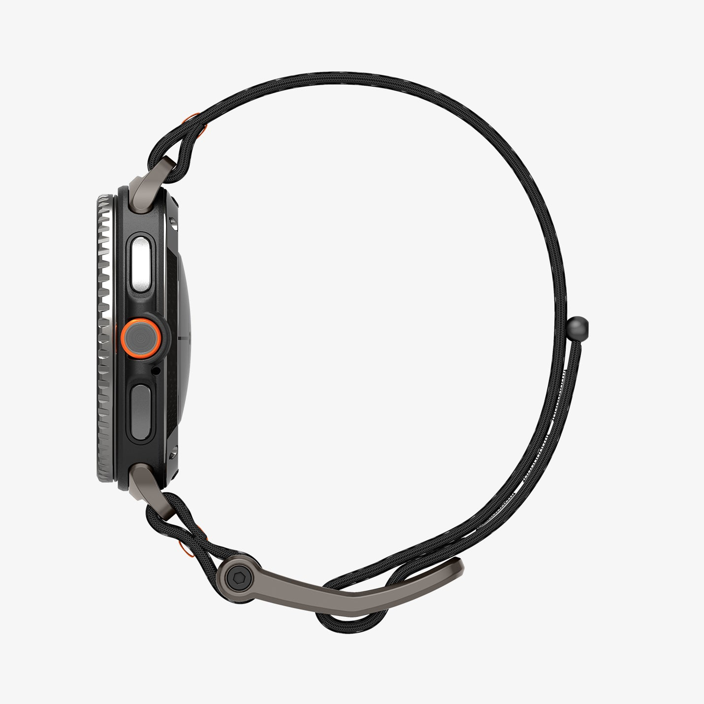 Vista laterale di uno smartwatch nero con cinturino in tessuto nero e un dettaglio arancione sul pulsante centrale.