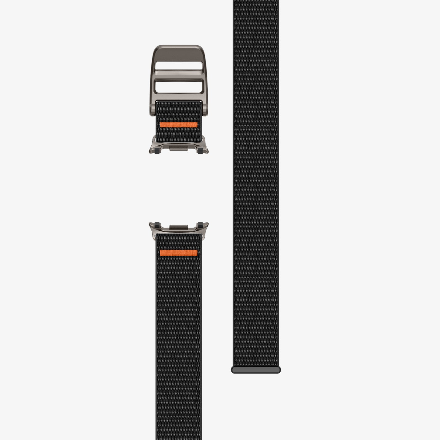 Cinturino per orologio in nylon nero con fibbia in titanio e dettagli arancioni.