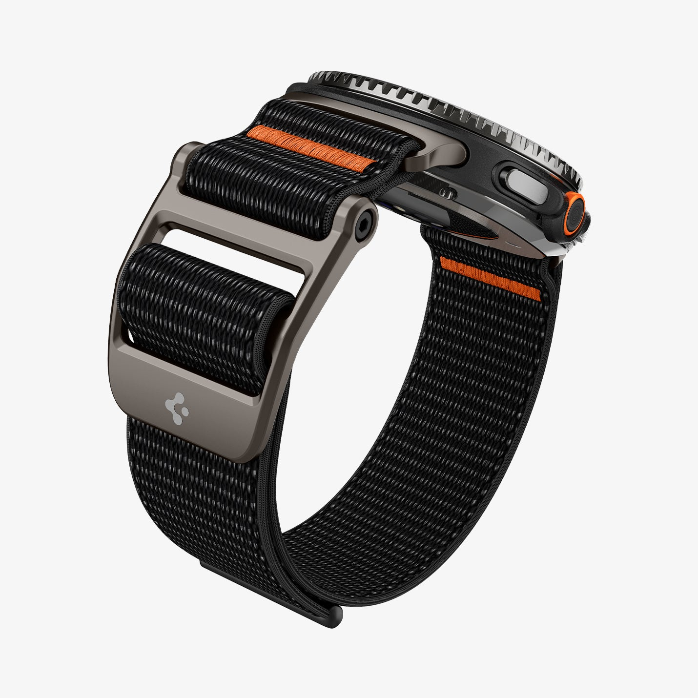 Uno smartwatch nero e grigio con cinturino in tessuto nero e dettagli arancioni su sfondo bianco.
