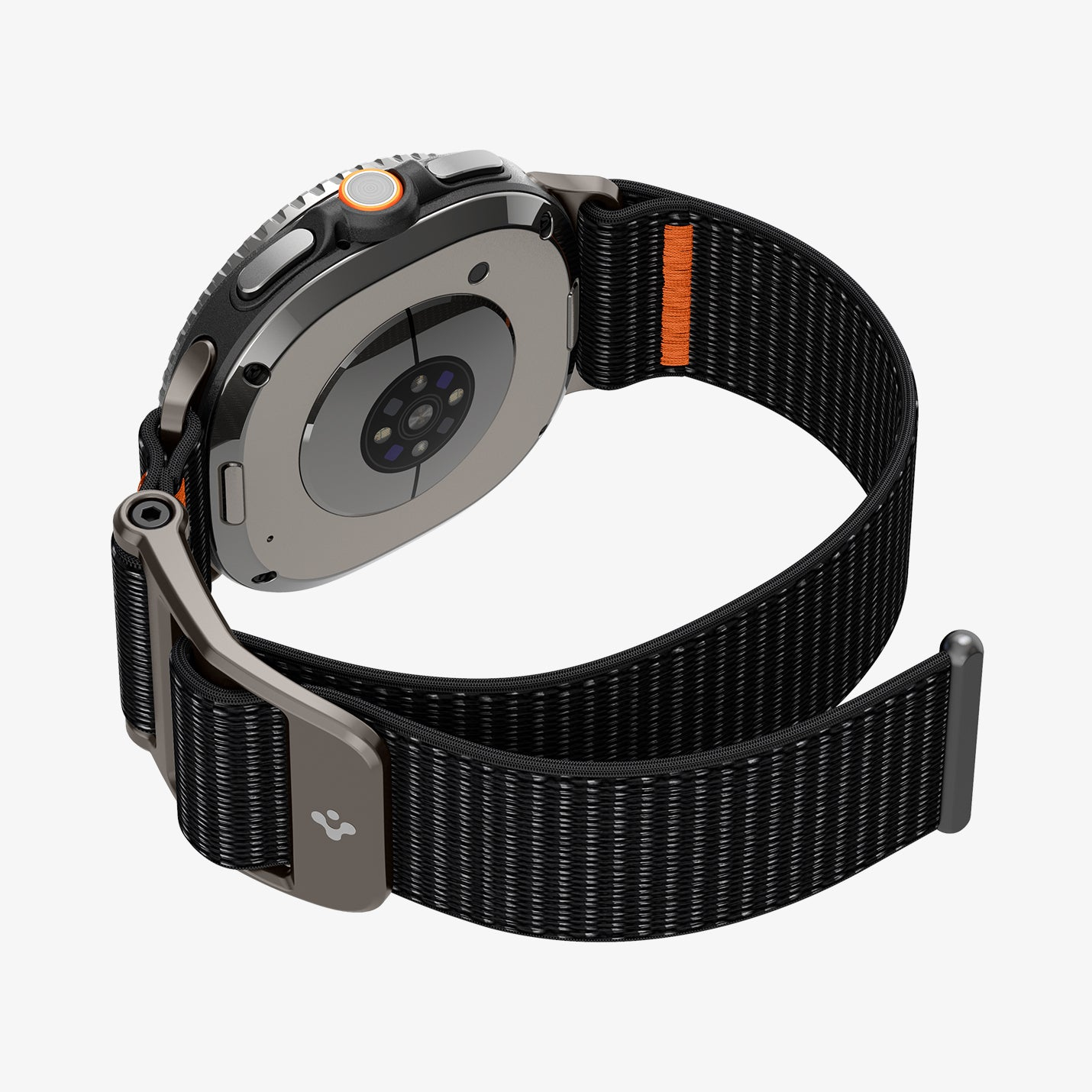 Vista posteriore di uno smartwatch nero con sensori e cinturino testurizzato con dettagli arancioni su sfondo bianco.