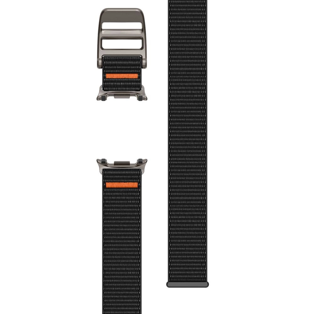 Cinturino per orologio in nylon nero con fibbia in titanio e riga arancione.