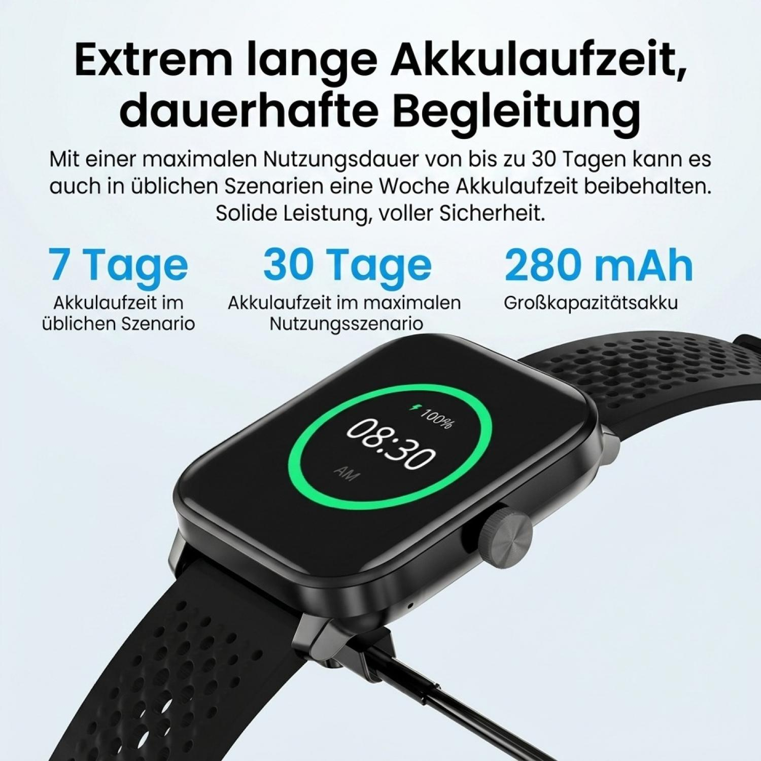 Smartwatch mit schwarzem Gehäuse und Armband, die auf dem Display 08:30 Uhr und einen grünen Ladekreis zeigt.