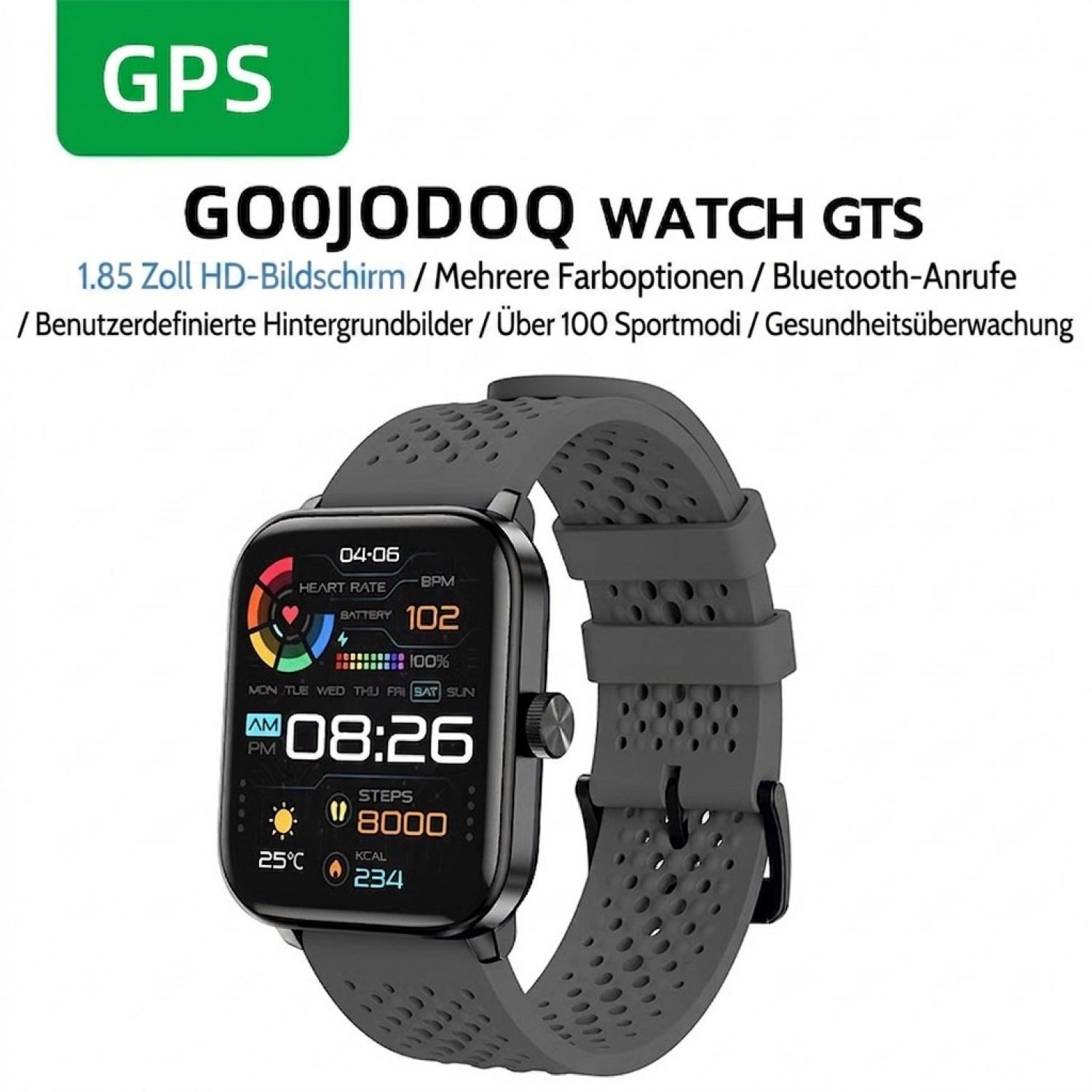Goojodoq Smartwatch GTS mit grauem, perforiertem Armband und digitalem Display.
