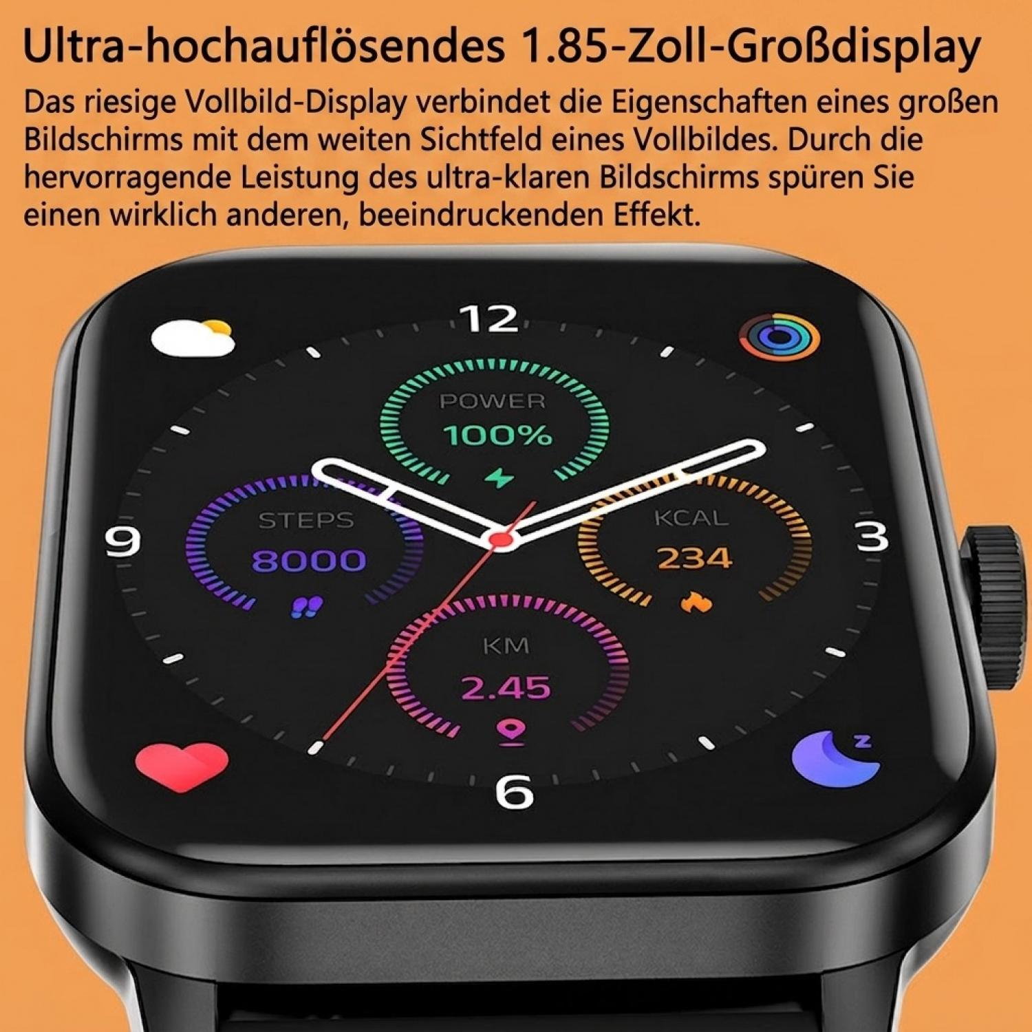 Schwarze Smartwatch mit eckigem Display zeigt Fitnessdaten, Uhrzeit und Symbole vor orangefarbenem Hintergrund.