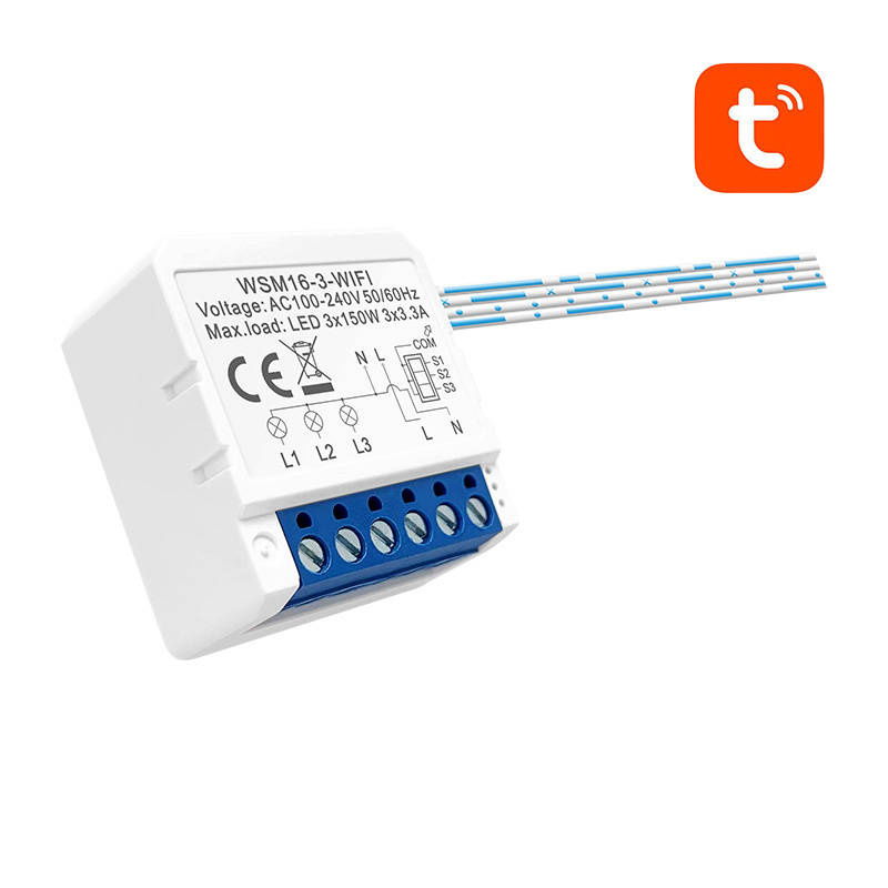 Modulo interruttore intelligente Wi-Fi bianco con morsetti blu, schema elettrico e logo arancione in alto a destra.