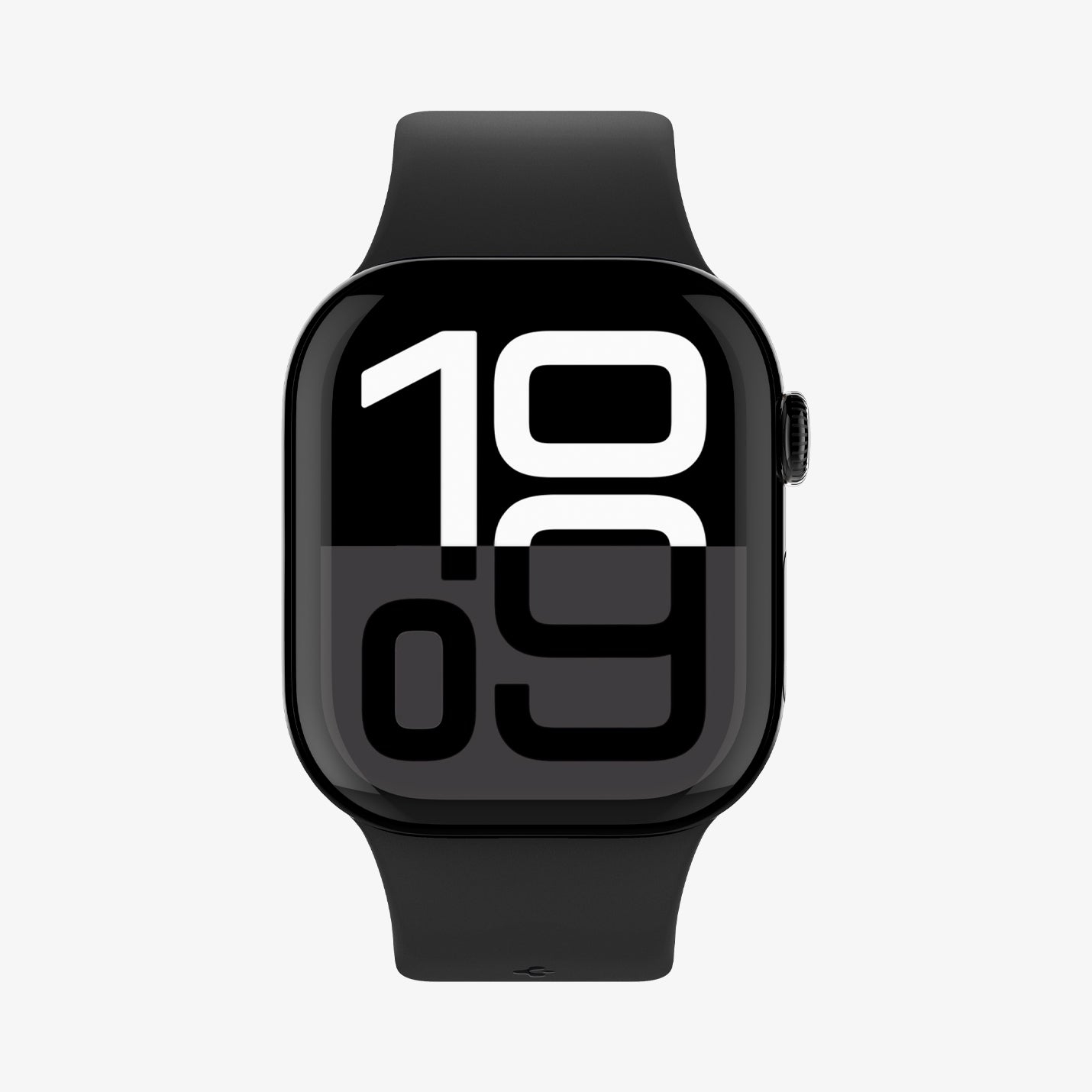 Uno smartwatch nero con display digitale che mostra l'ora 10:09 su sfondo grigio chiaro.