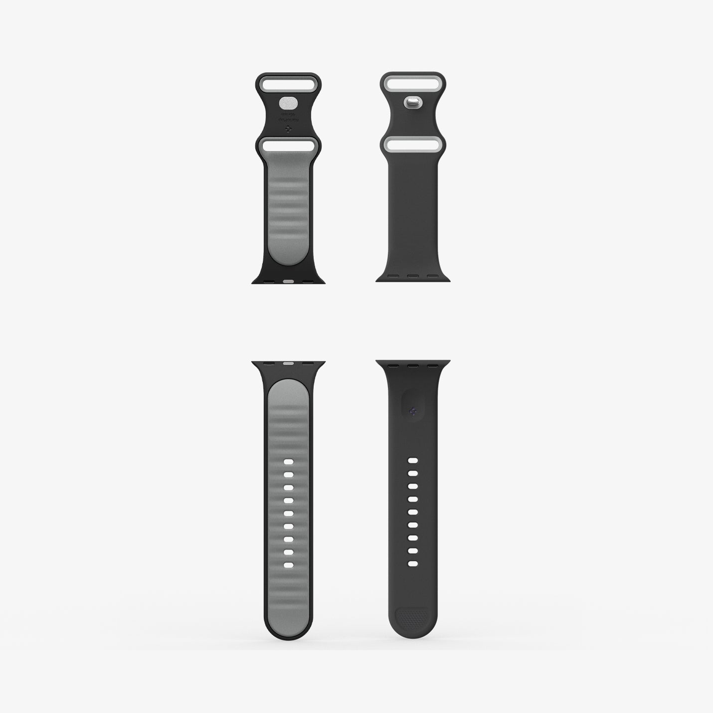 Quattro viste di un cinturino per smartwatch nero e grigio su sfondo bianco.