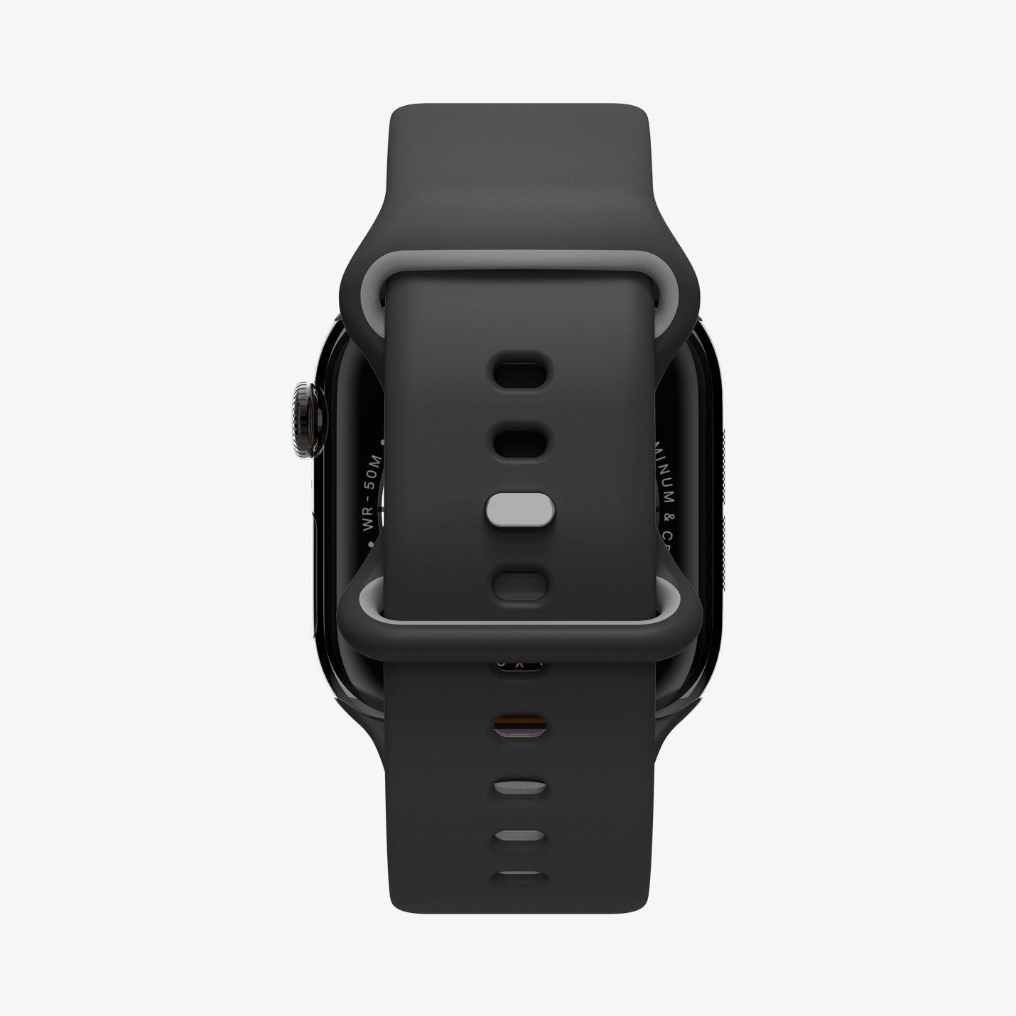 Uno smartwatch nero con cinturino in silicone, visto da dietro su sfondo chiaro.