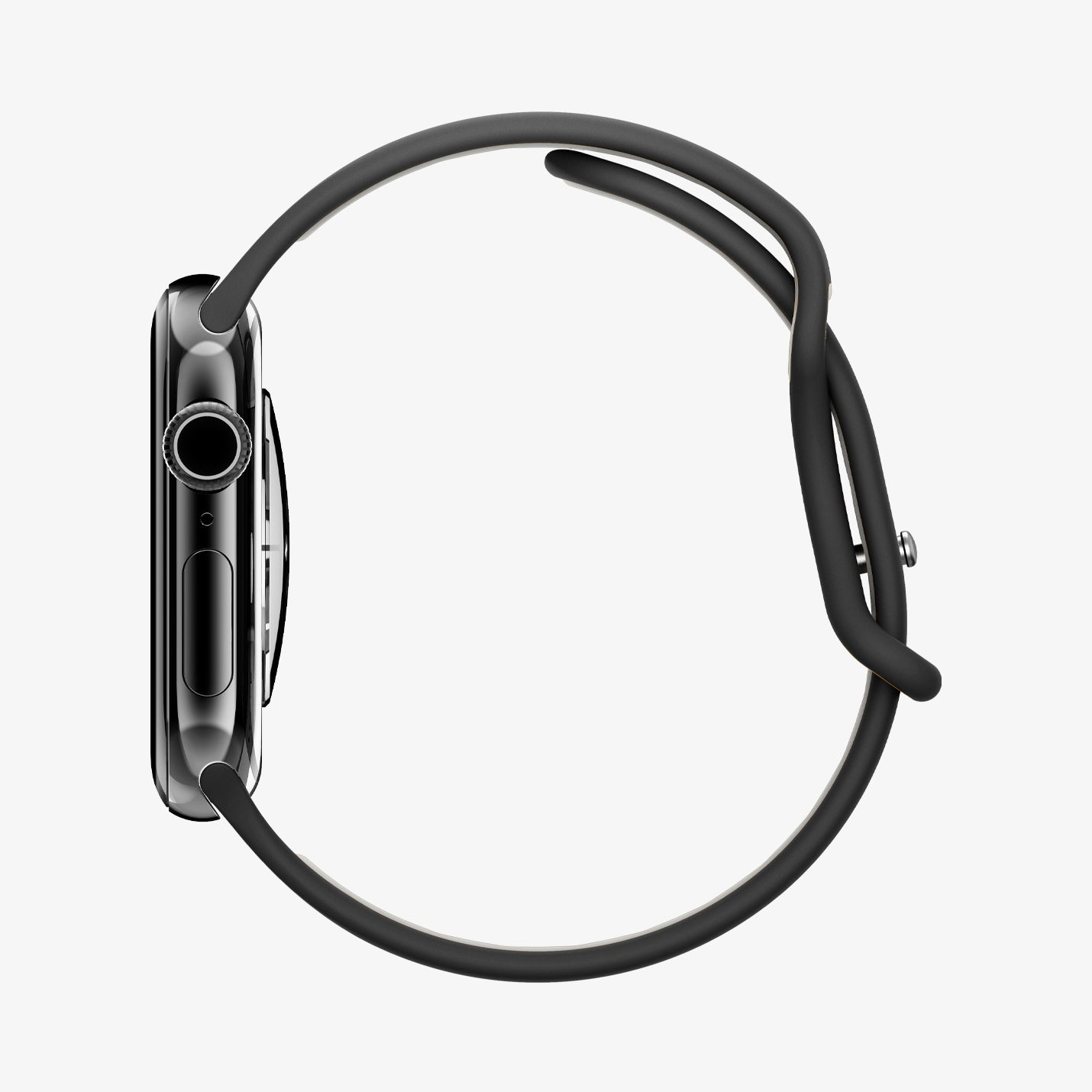 Uno smartwatch nero con cassa metallica e cinturino in silicone scuro visto di lato su sfondo bianco.