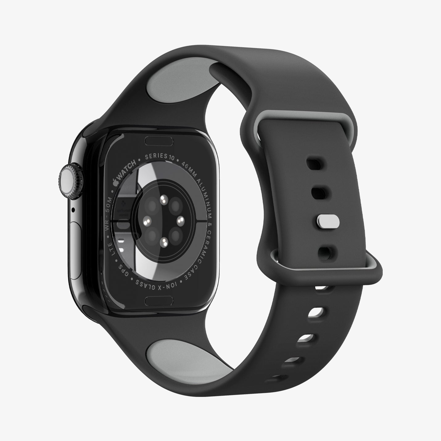 Il retro di un Apple Watch Series 10 nero con cinturino sportivo in silicone nero, su sfondo bianco.