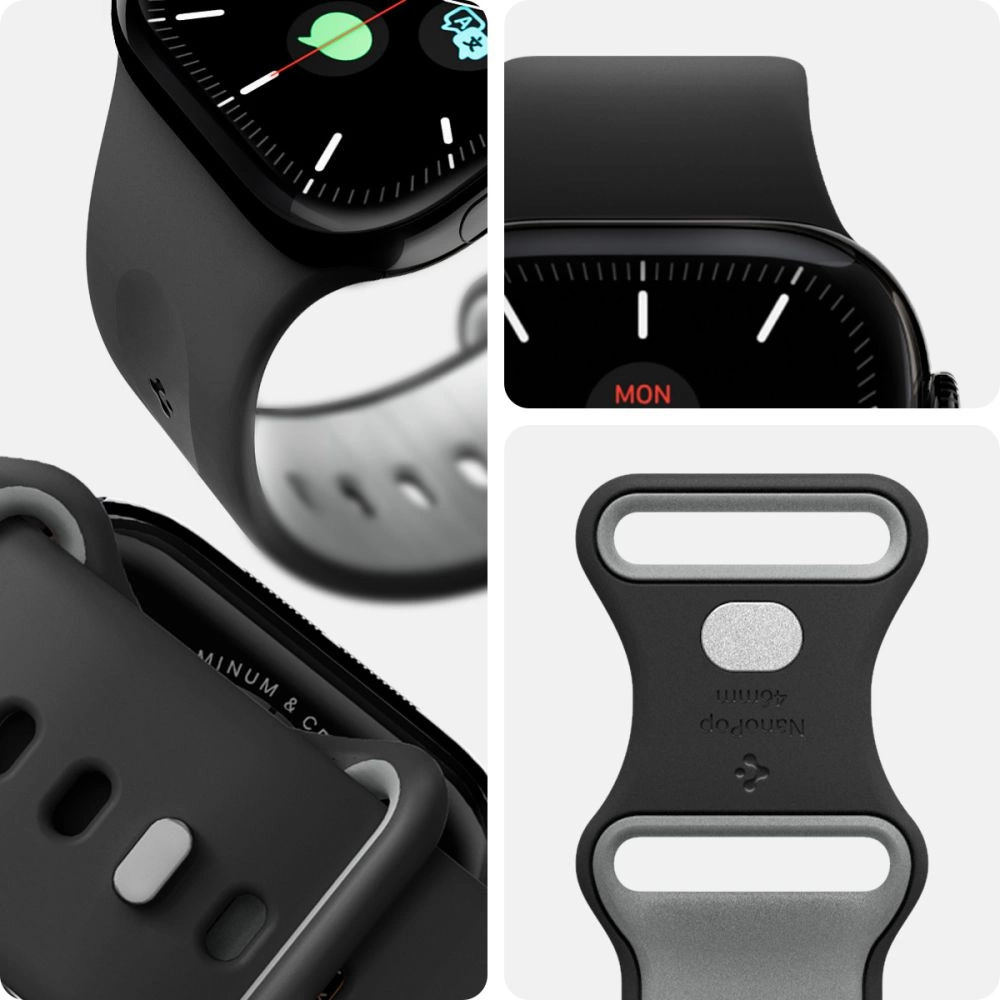 Primi piani di uno smartwatch nero con cinturino in silicone nero, che mostrano varie angolazioni.