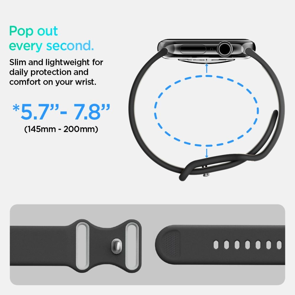 Un cinturino per smartwatch nero con dettagli di dimensioni e testo, che mostra la chiusura e il cinturino.
