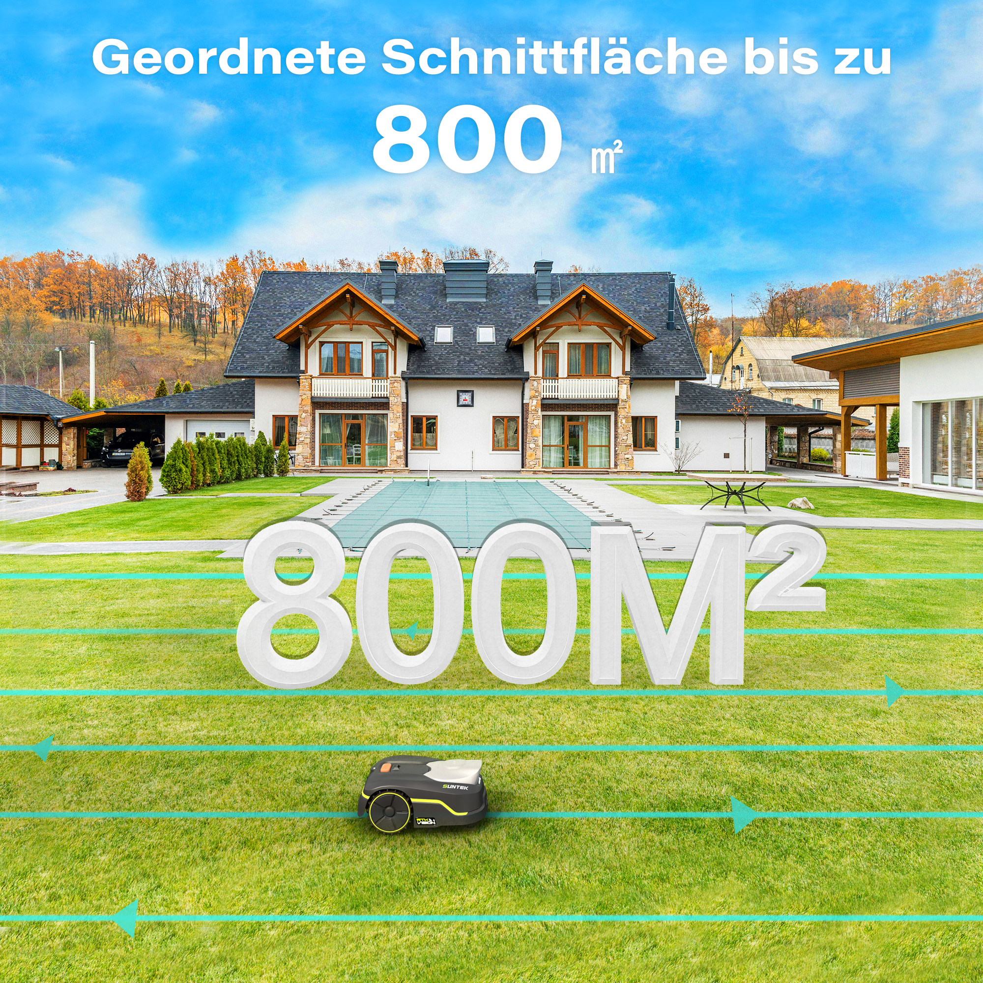 Ein Mähroboter mäht Rasen vor einem großen Haus mit Pool, überlagert mit 800m2-Grafiken.