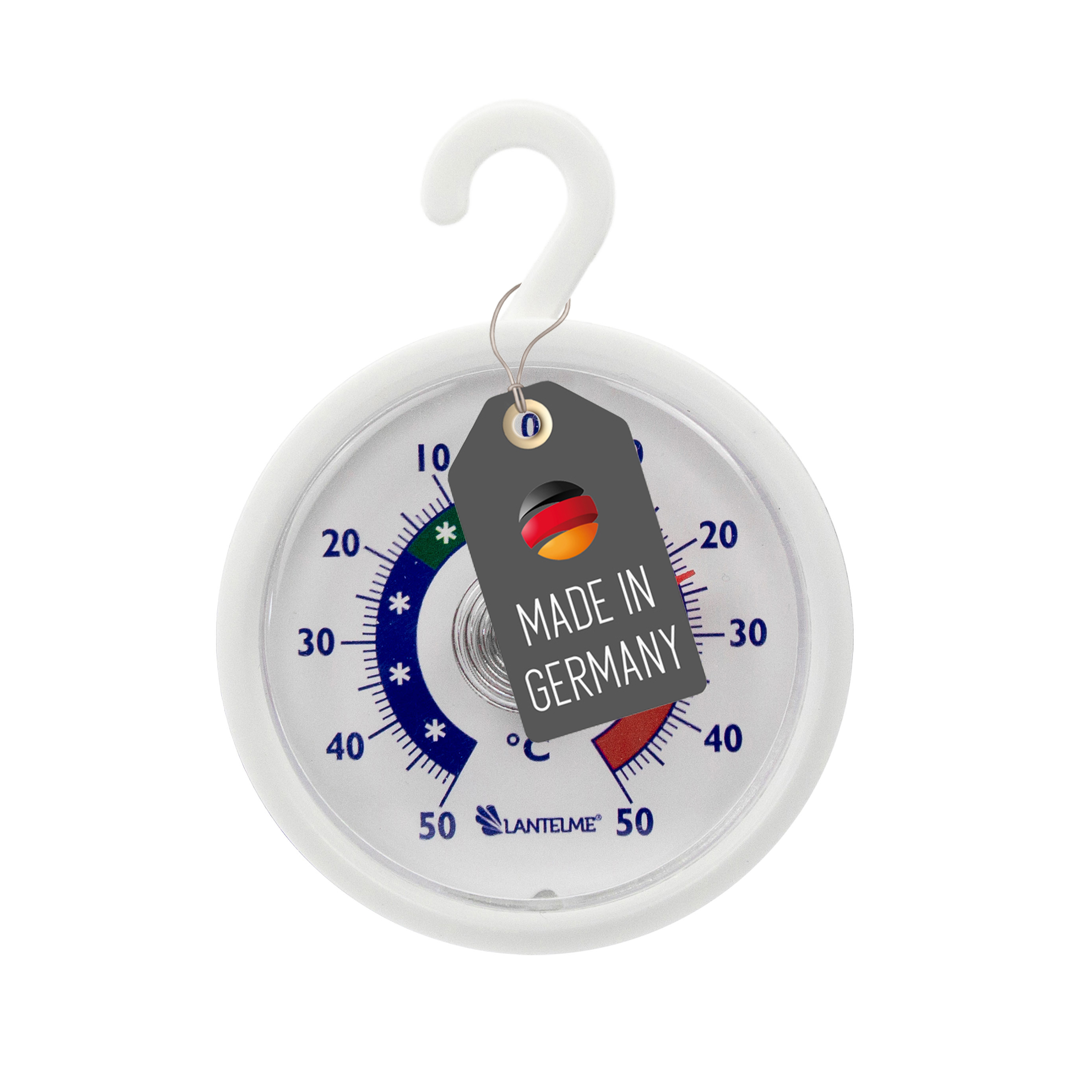 Rundes weißes Thermometer mit Haken und einem grauen Schild mit deutscher Flagge und der Aufschrift Made in Germany.