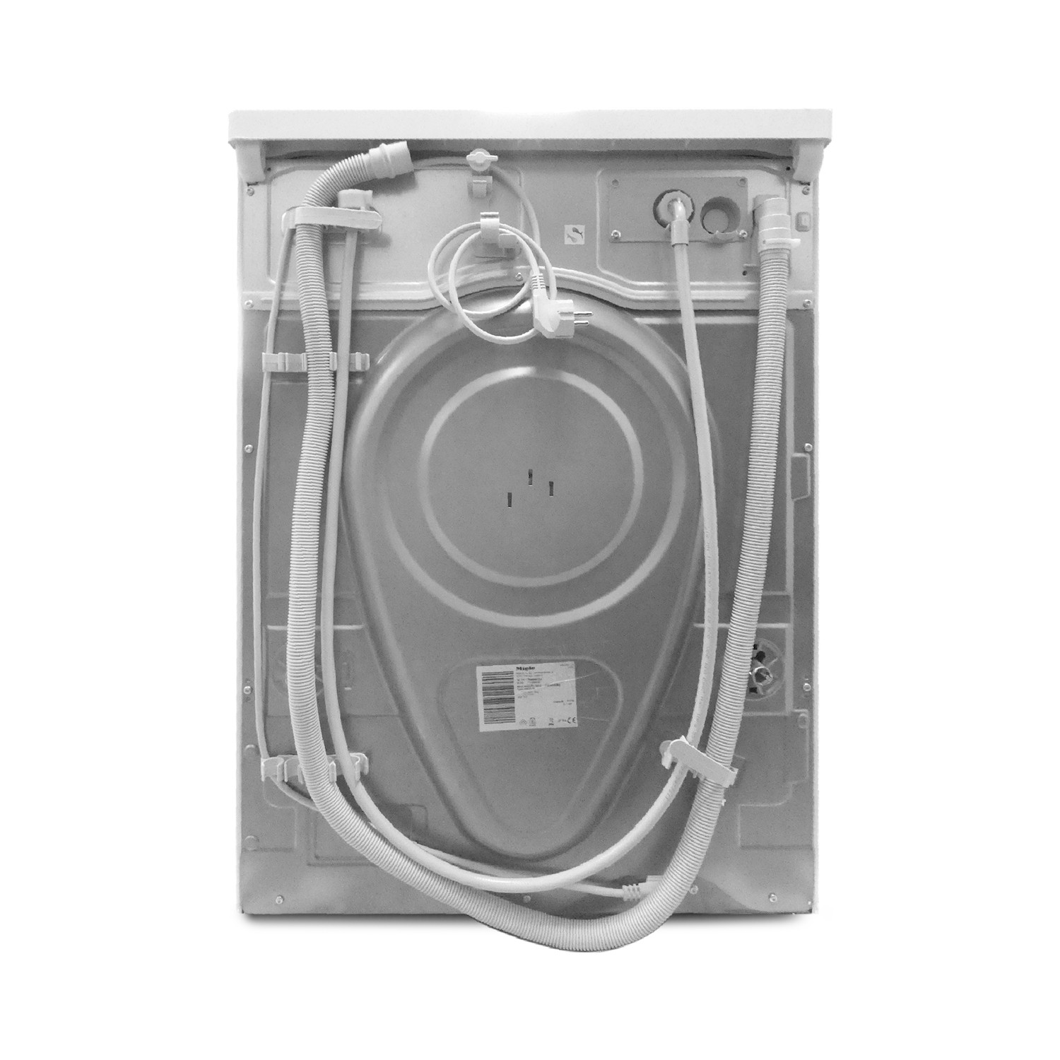 Rückseite einer Waschmaschine mit Schläuchen und Netzkabel auf weißem Hintergrund.