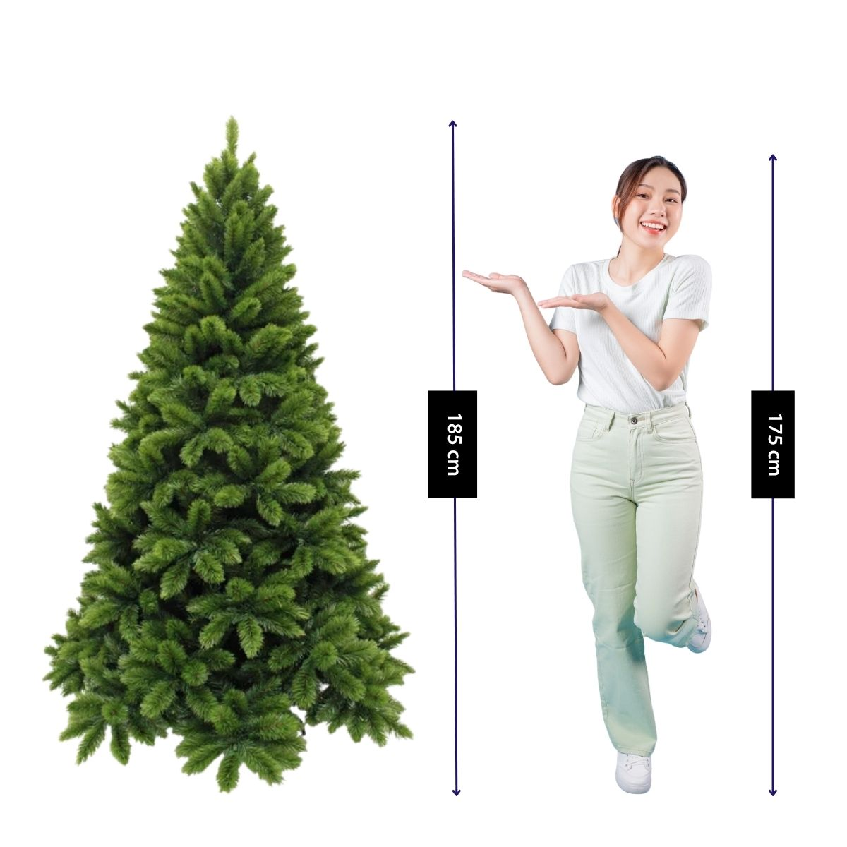 A woman in a white t-shirt presents a 185 cm artificial Christmas tree.