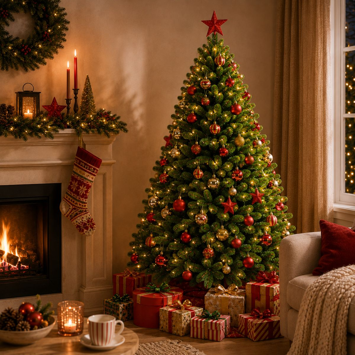 Decorated Christmas tree with lights, red ornaments, and gifts beside a fireplace.