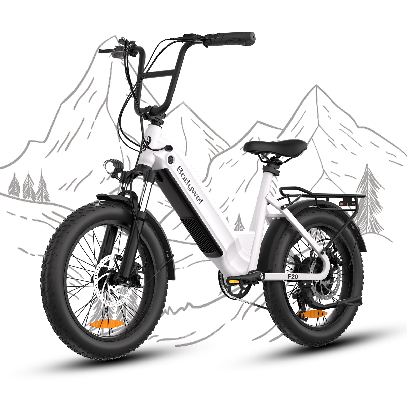 Ein weißes Elektrofahrrad mit dicken Reifen und gezeichnetem Berg-Hintergrund.
