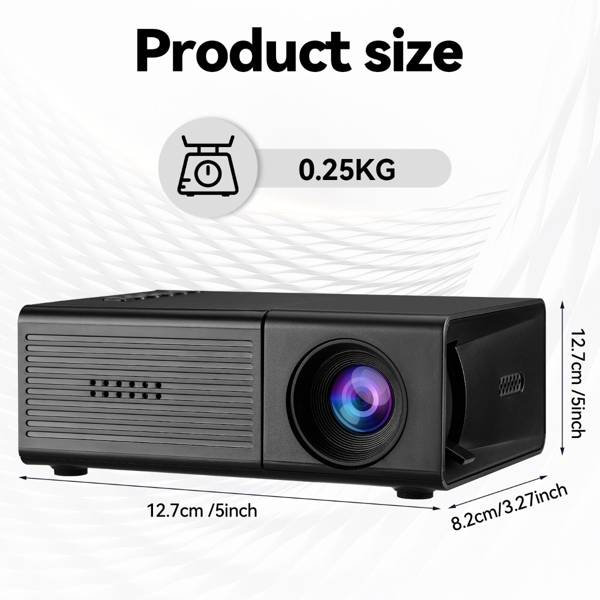 Produktgröße und Gewicht des schwarzen Projektors: 12.7x12.7x8.2cm und 0.25kg.
