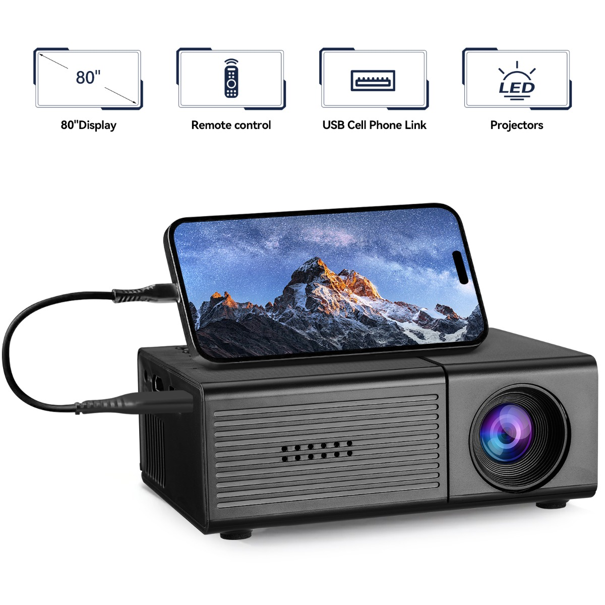Ein schwarzer Beamer mit angeschlossenem Smartphone oben und Icons für Displaygröße, Fernbedienung, USB und LED.