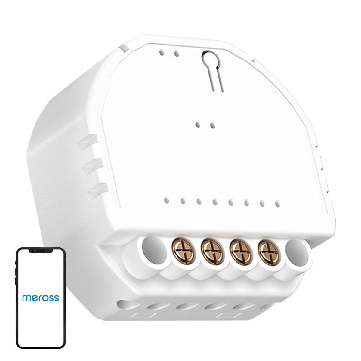 Relè smart bianco con morsetti a vite e smartphone con logo Meross.