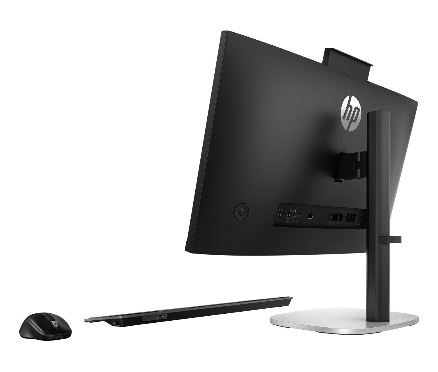 Vista posteriore di un PC all-in-one HP con tastiera e mouse su sfondo bianco.