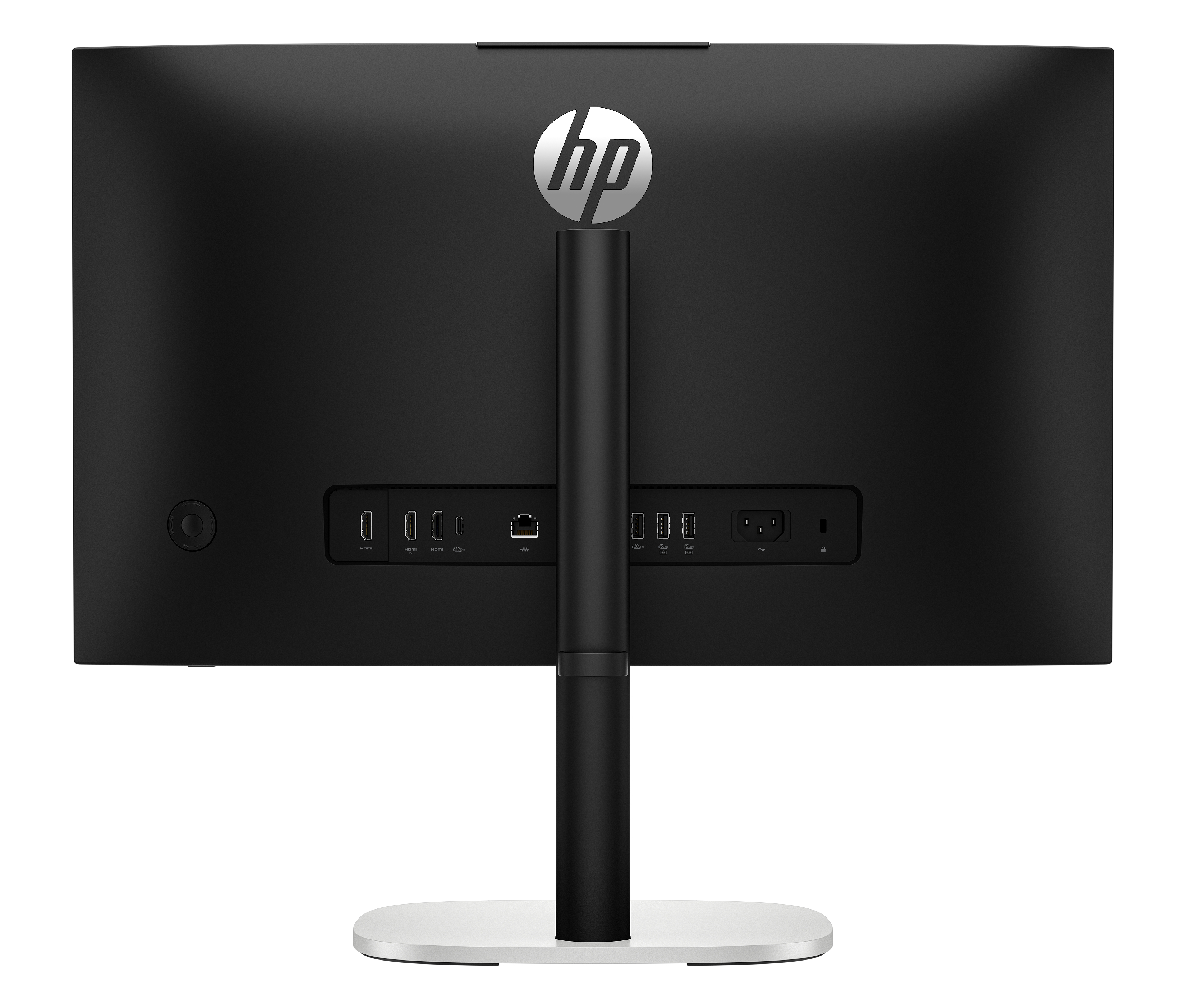 Retro di un monitor HP nero con supporto, porte e logo HP.
