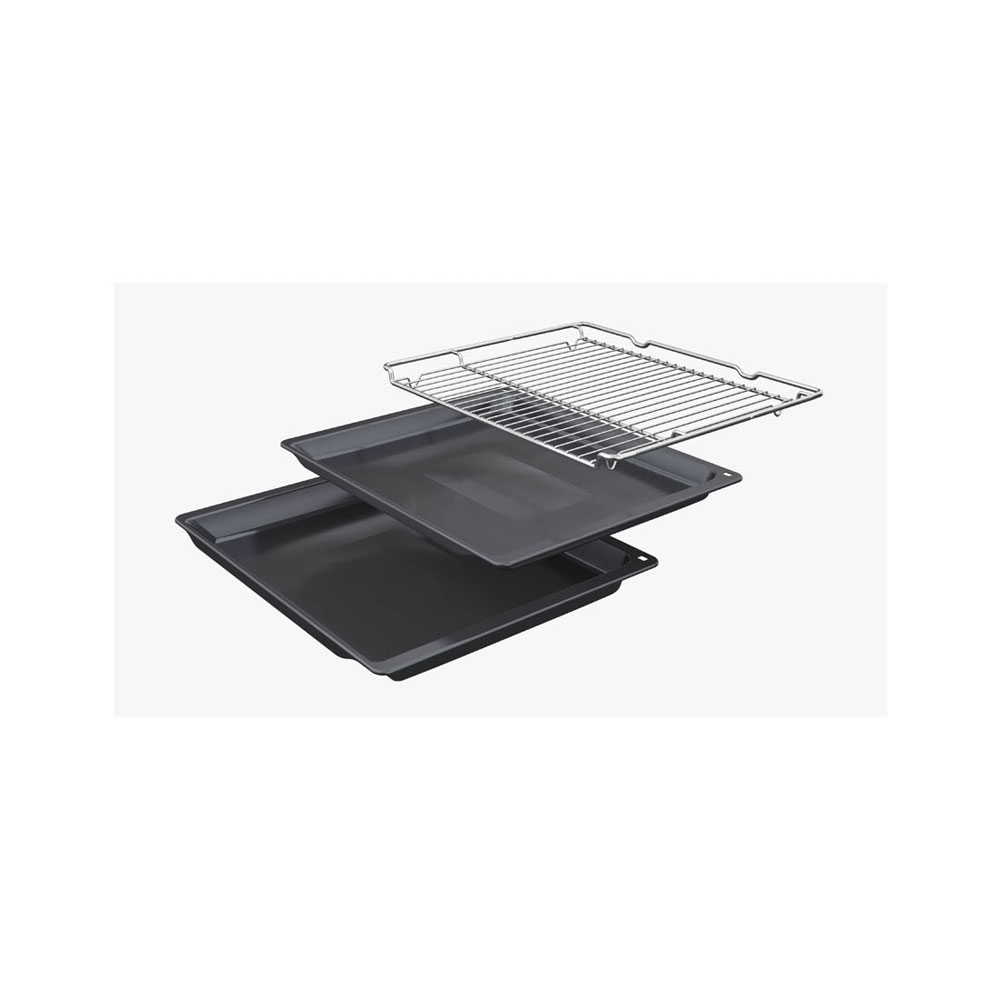 Deux plaques de cuisson noires et une grille argent es empil es sur fond blanc.