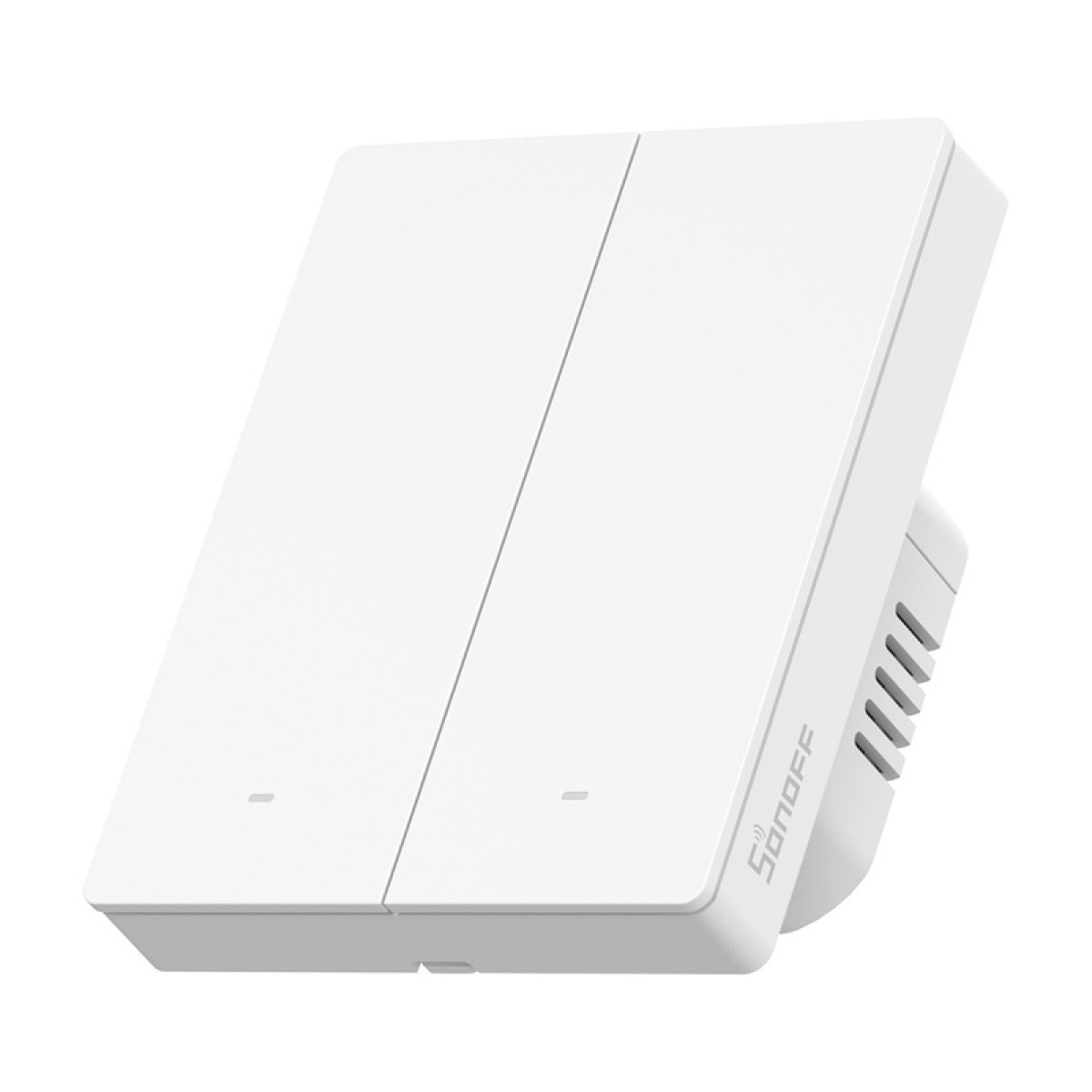 Un interruttore della luce smart Sonoff bianco a doppio tasto con piccoli indicatori LED.