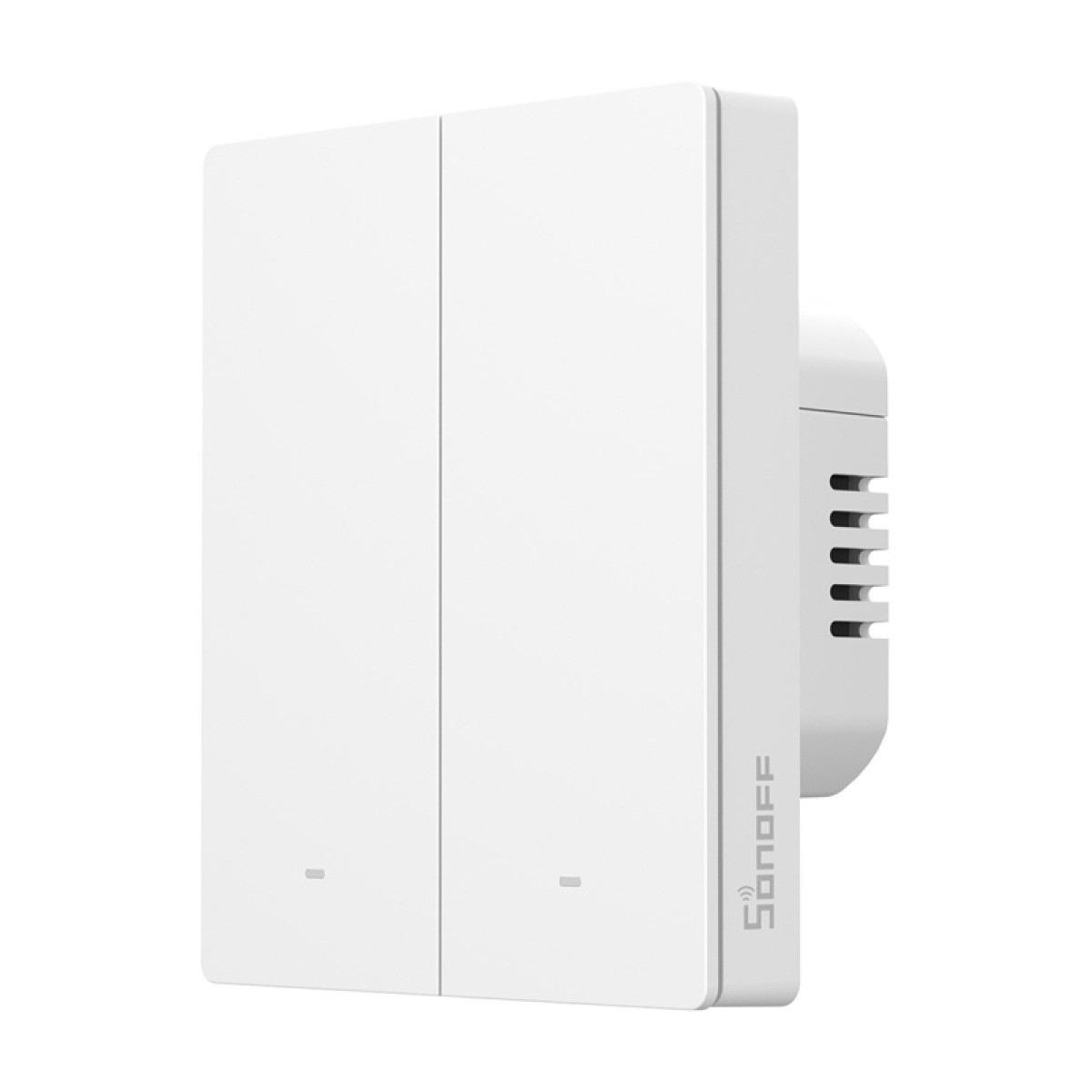 Un interruttore della luce a parete doppio Sonoff bianco e moderno con due pulsanti.