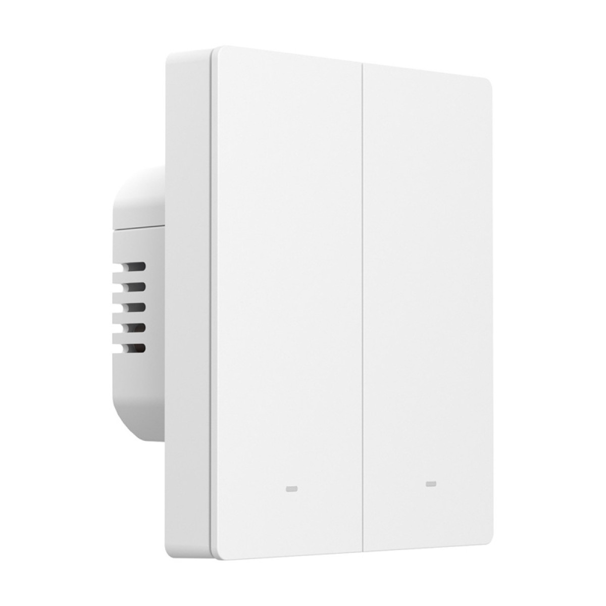 Un interruttore della luce doppio, bianco e moderno, con due pulsanti su sfondo bianco.