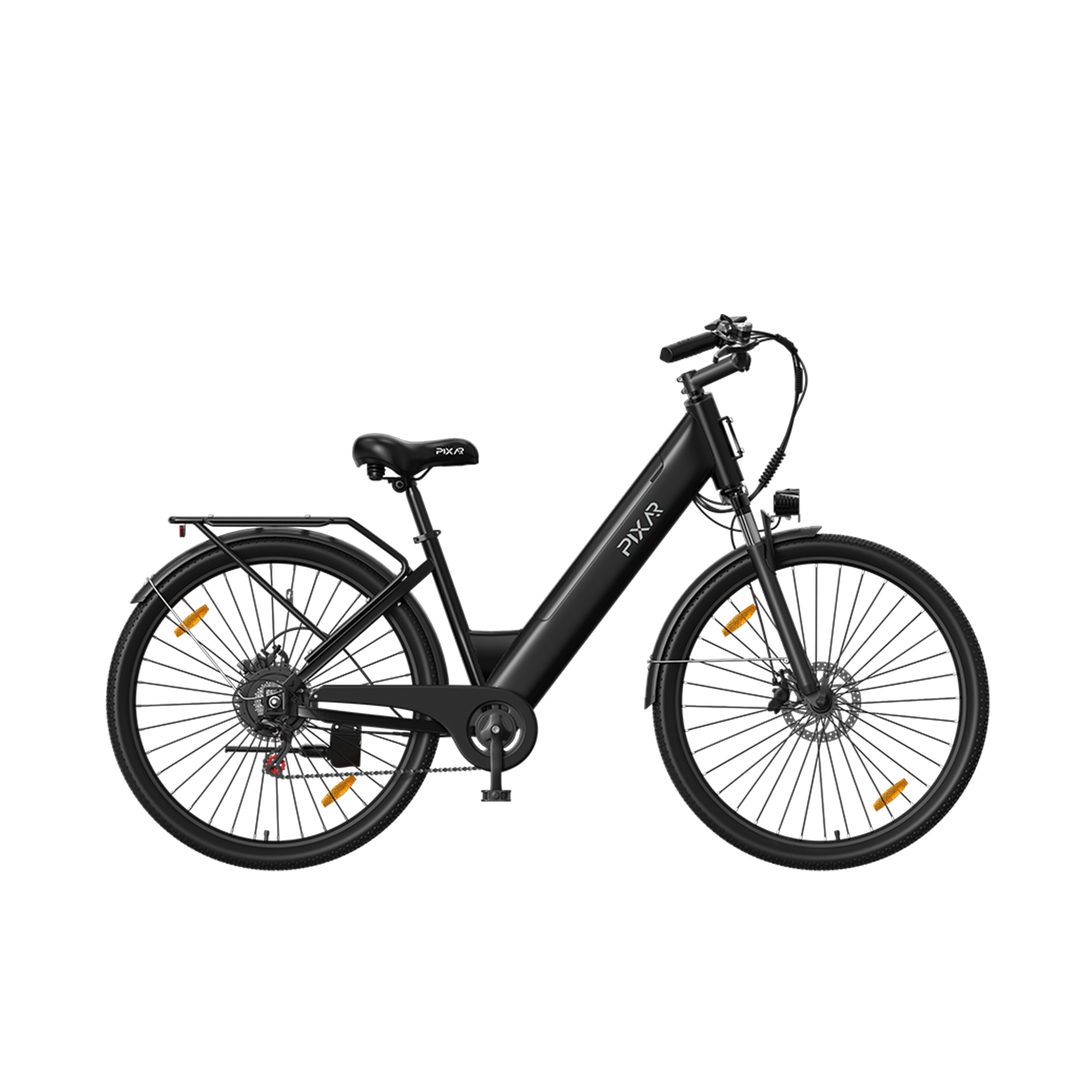 Ein schwarzes Elektrofahrrad mit tiefem Einstieg, Gepäckträger und integriertem Rahmenakku auf weiβem Hintergrund.