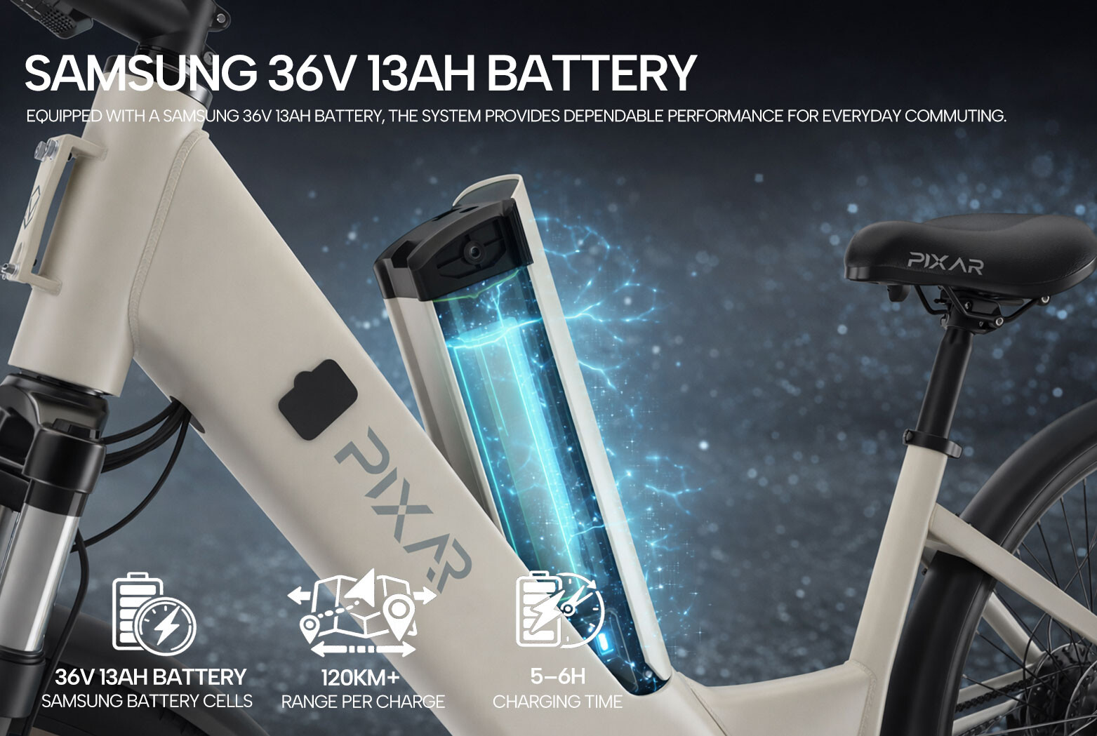 E-Bike mit integriertem Samsung 36V 13Ah Akku, Grafiken und Textspezifikationen.