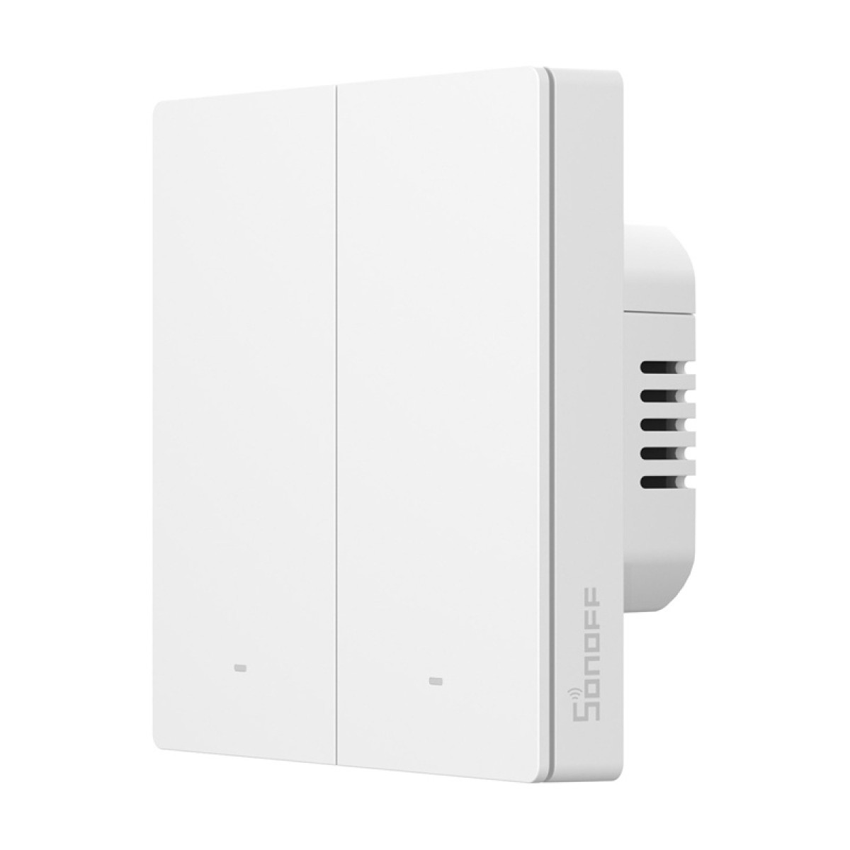 Un interruttore della luce doppio Sonoff bianco e moderno con due pulsanti su sfondo bianco.
