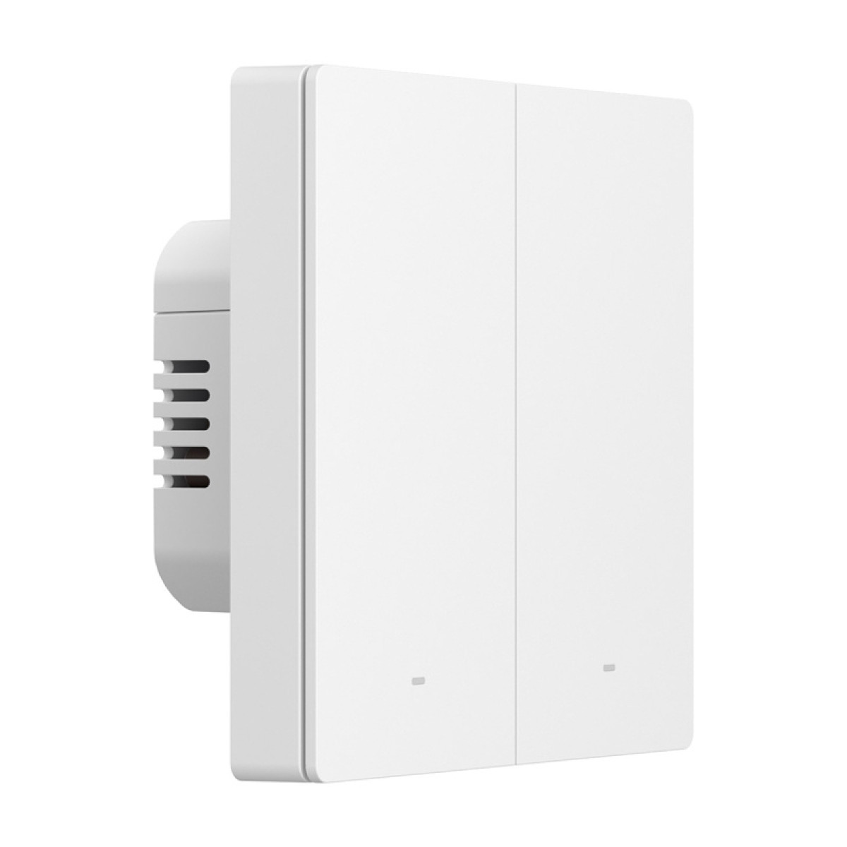Un doppio interruttore della luce bianco e moderno con due pannelli su sfondo bianco.