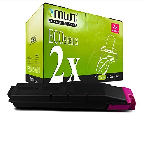 Eine schwarze Tonerkassette mit Magenta-Akzenten liegt vor ihrer grünen MWT EcoSeries Verpackung.