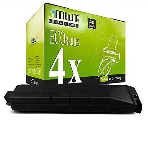 Eine schwarze Tonerkartusche steht vor der grün-weißen Verpackung mit der Aufschrift ECOSeries 4x Black.