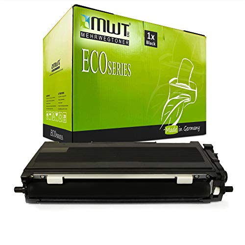 Eine schwarze Tonerkassette liegt vor einer grünen ECO Series Verpackung von MWT.