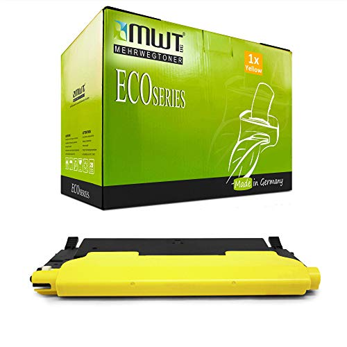 Eine gelb-schwarze Tonerpatrone vor einer grünen MWT EcoSeries Schachtel.