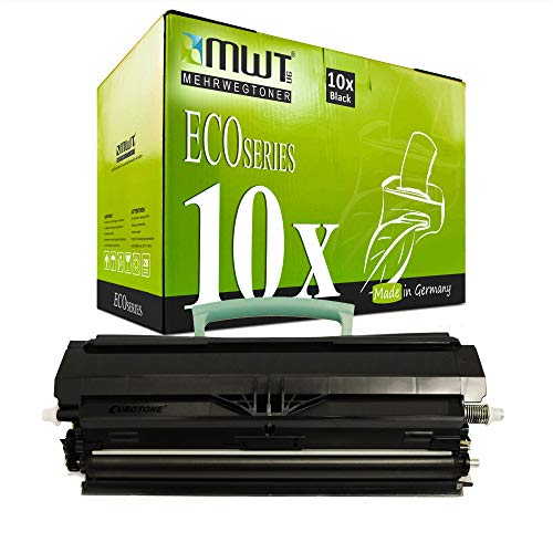 Eine schwarze Tonerkartusche liegt vor einer grünen MWT Eco Series Kartonbox mit der Aufschrift 10x Black.