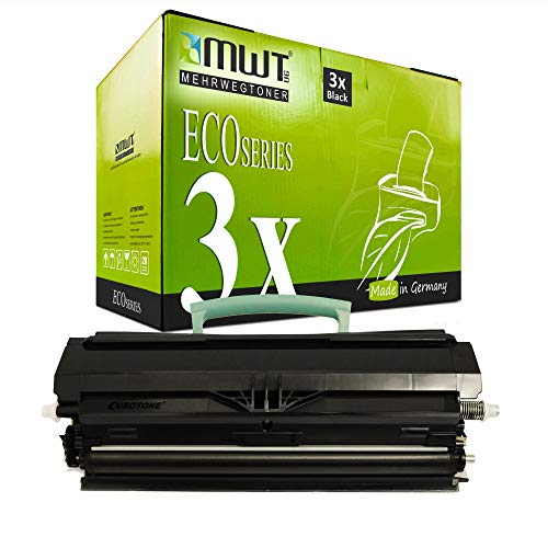 Eine MWT EcoSeries Tonerbox in Grün und Schwarz mit drei schwarzen Tonerkartuschen davor.