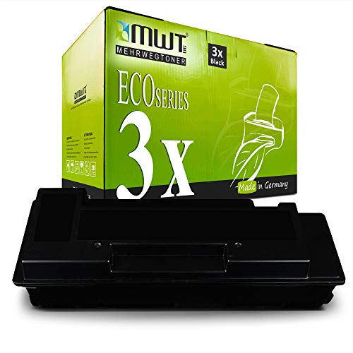 Eine schwarze Drucker-Tonerkartusche vor einer grünen MWT Eco Series Box.